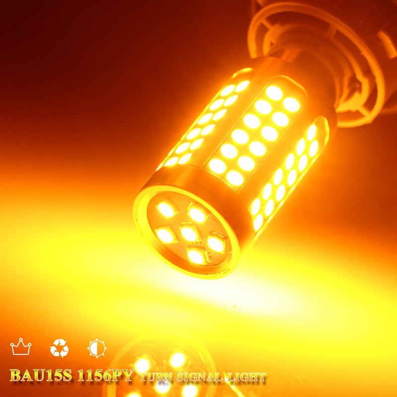 YM EBright لمبة إشارة انعطاف YM E-Bright 1156 BAU15S بزاوية 150 درجة 2200 لومن 7507 LED أمامية وخلفية بدون وميض PY21W 5009 12496، خالية من أخطاء Canbus شريحة 3030 78SMD غير قطبية، صفراء كهرمانية (عبوة من 2) - Image 5